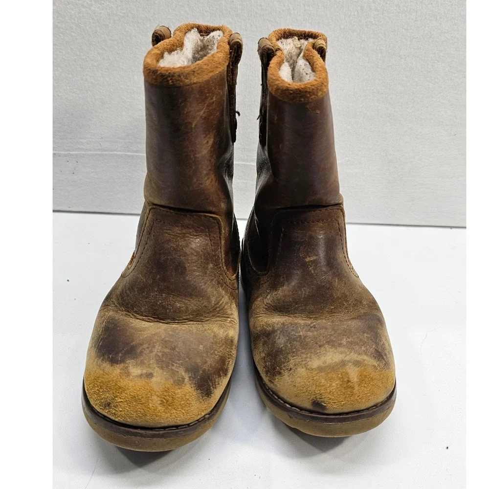 Kids UGG Brown Leather Shearling Lined Winter Boots‎ Size 11